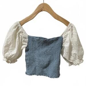 Strut & Bolt Blouse Top Women's Small Blue White Smocked